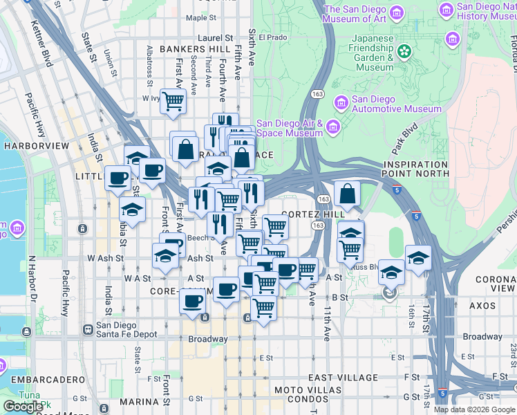map of restaurants, bars, coffee shops, grocery stores, and more near 1643 Sixth Avenue in San Diego