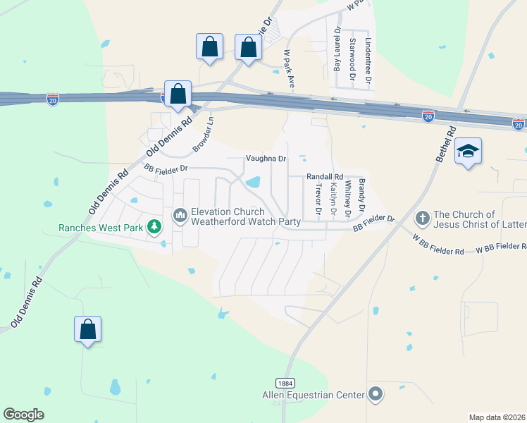map of restaurants, bars, coffee shops, grocery stores, and more near 1201 Ashley Drive in Weatherford