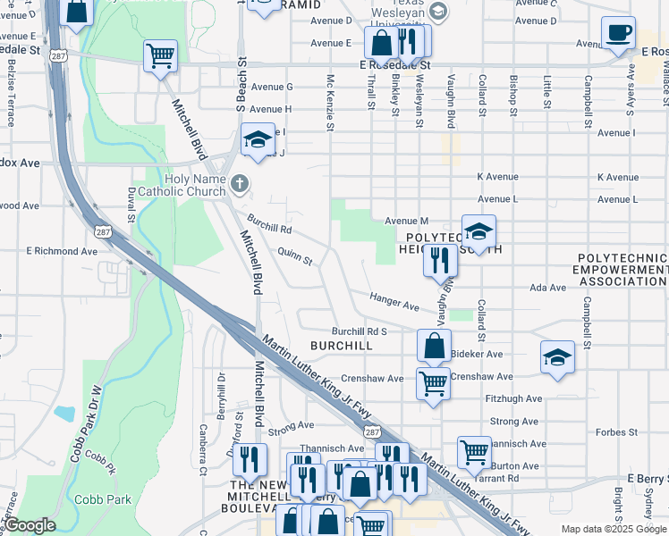 map of restaurants, bars, coffee shops, grocery stores, and more near 2301 Mc Kenzie Street in Fort Worth
