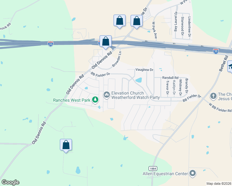 map of restaurants, bars, coffee shops, grocery stores, and more near 1253 Glen Court in Weatherford
