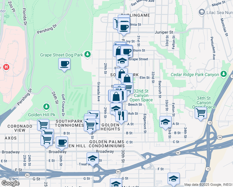 map of restaurants, bars, coffee shops, grocery stores, and more near 2980 Cedar Street in San Diego
