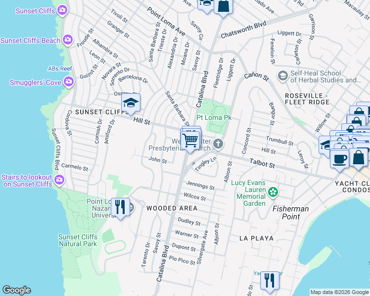 map of restaurants, bars, coffee shops, grocery stores, and more near 960 Catalina Boulevard in San Diego