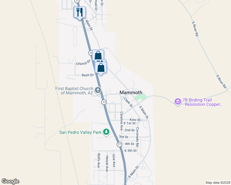 map of restaurants, bars, coffee shops, grocery stores, and more near 117 East Galiuro Street in Mammoth
