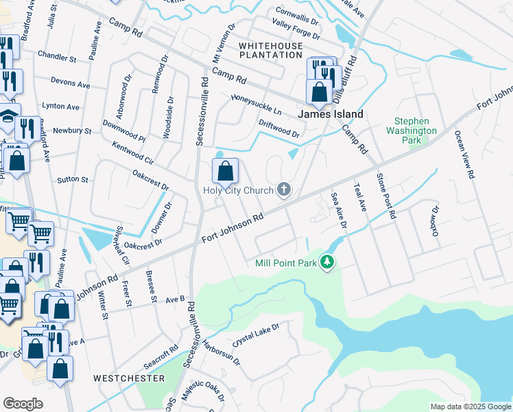 map of restaurants, bars, coffee shops, grocery stores, and more near 1128 Landsdowne Drive in Charleston