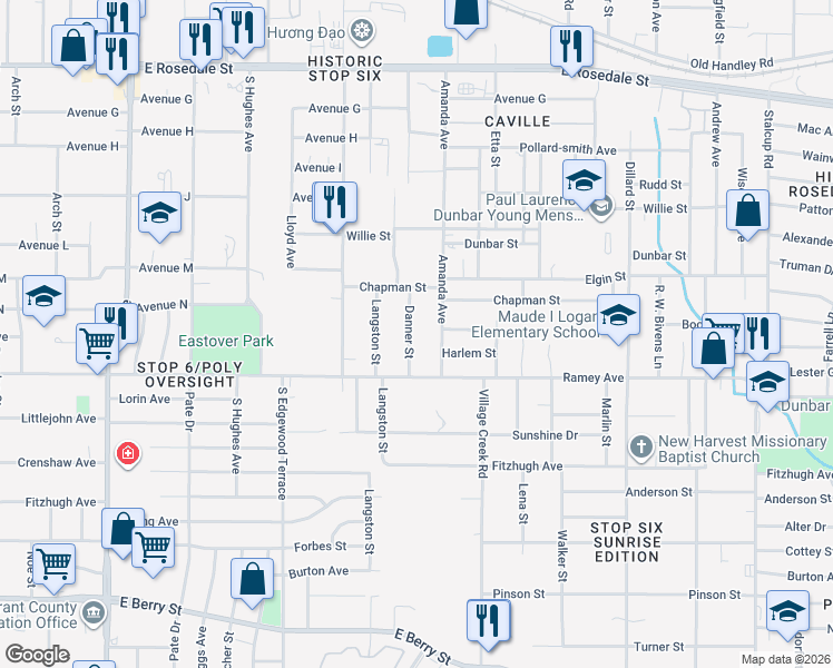 map of restaurants, bars, coffee shops, grocery stores, and more near 2055 Danner Street in Fort Worth