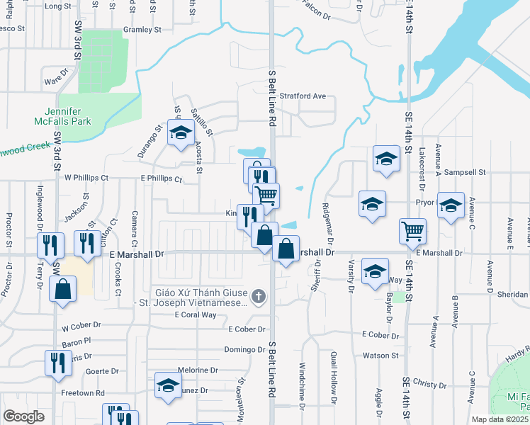 map of restaurants, bars, coffee shops, grocery stores, and more near 1673 South Belt Line Road in Grand Prairie