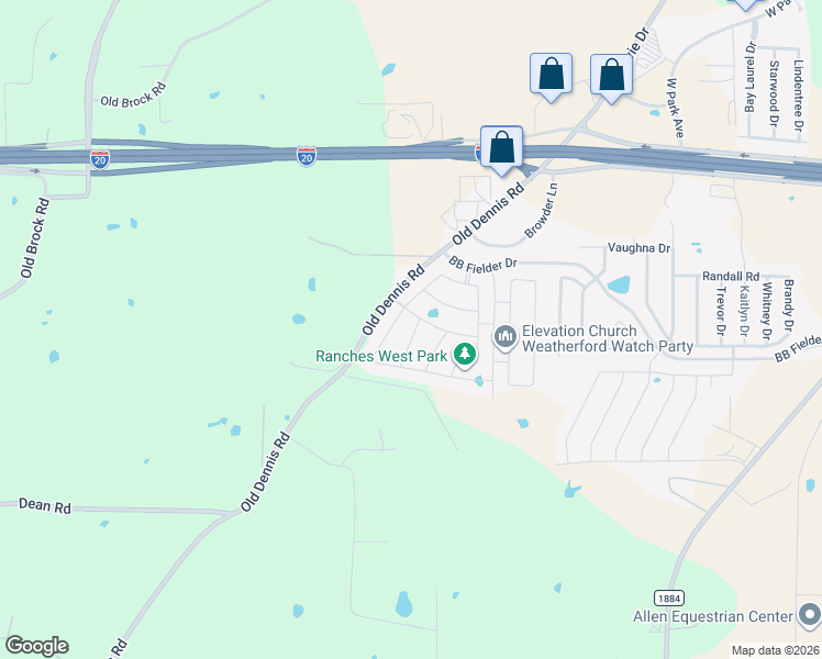 map of restaurants, bars, coffee shops, grocery stores, and more near 2419 Old Dennis Road in Weatherford