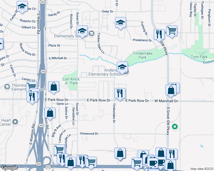 map of restaurants, bars, coffee shops, grocery stores, and more near 3133 East Park Row Drive in Arlington