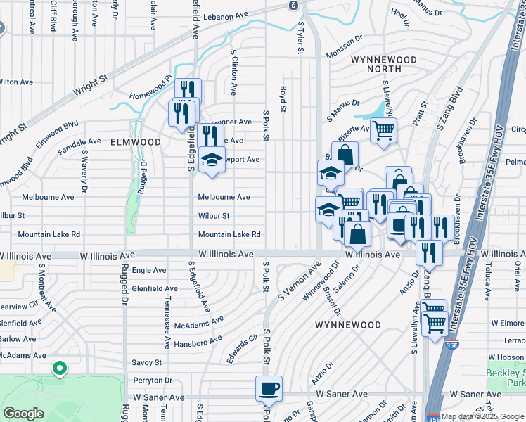 map of restaurants, bars, coffee shops, grocery stores, and more near 1103 Wilbur Street in Dallas