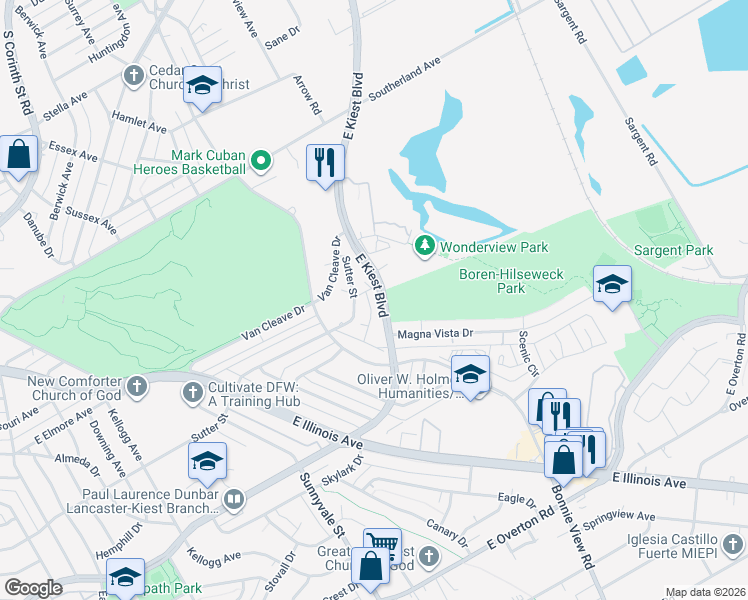 map of restaurants, bars, coffee shops, grocery stores, and more near 2723 East Kiest Boulevard in Dallas