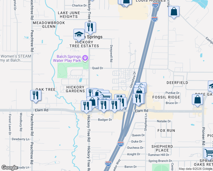 map of restaurants, bars, coffee shops, grocery stores, and more near 12222 Quail Drive in Balch Springs