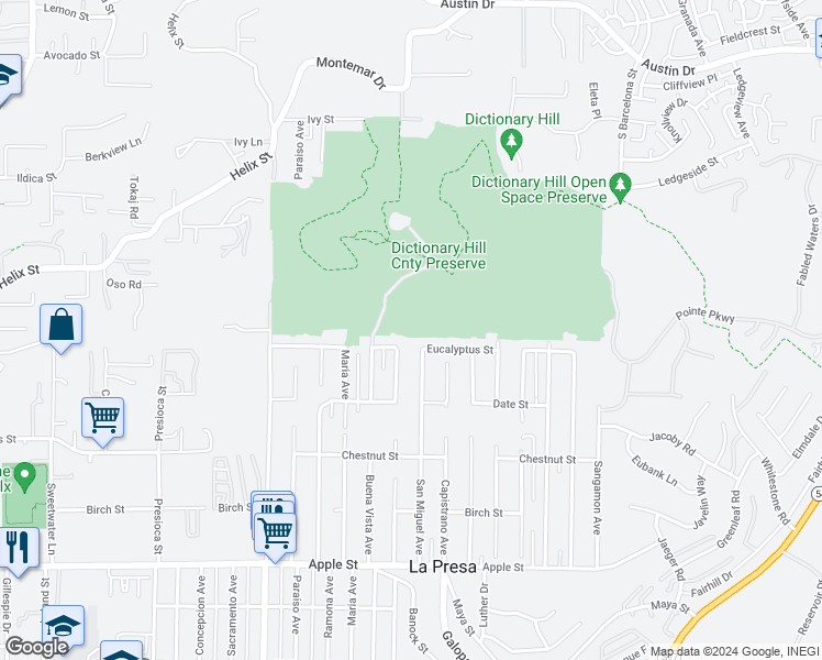 map of restaurants, bars, coffee shops, grocery stores, and more near 1715 La Presa Avenue in Spring Valley