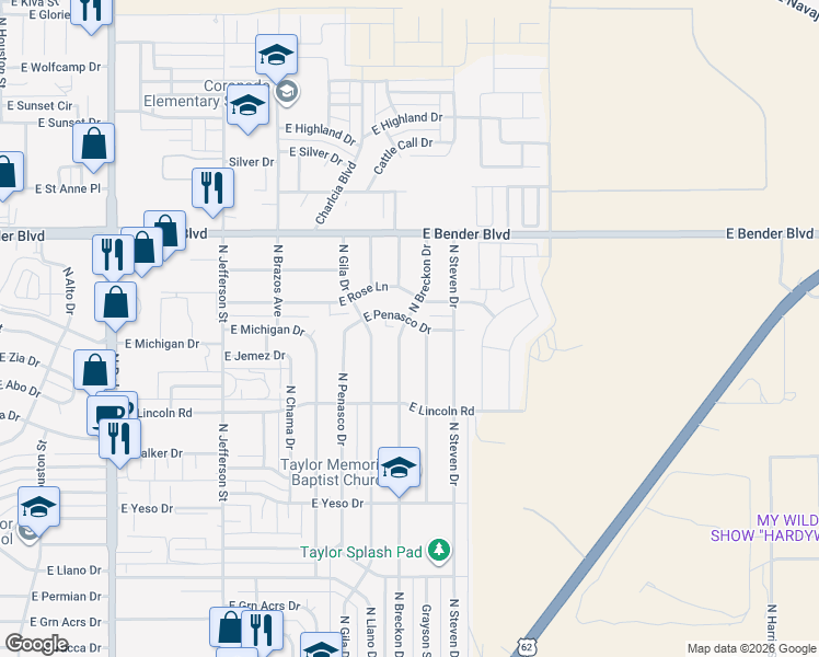 map of restaurants, bars, coffee shops, grocery stores, and more near 1703 East Penasco Drive in Hobbs