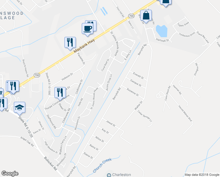 map of restaurants, bars, coffee shops, grocery stores, and more near 3446 Acorn Drop Lane in Johns Island