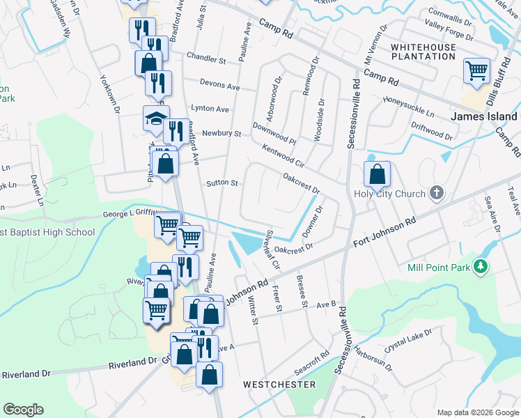 map of restaurants, bars, coffee shops, grocery stores, and more near 1170 Rivercrest Drive in Charleston
