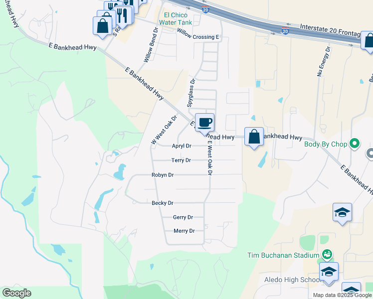 map of restaurants, bars, coffee shops, grocery stores, and more near 1305 Apryl Drive in Aledo