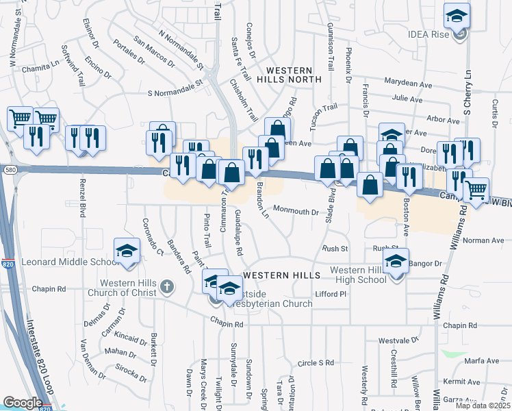 map of restaurants, bars, coffee shops, grocery stores, and more near 3432 Brandon Lane in Fort Worth