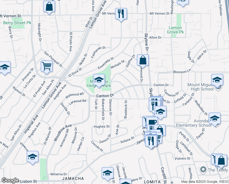 map of restaurants, bars, coffee shops, grocery stores, and more near 7620 Canton Drive in Lemon Grove