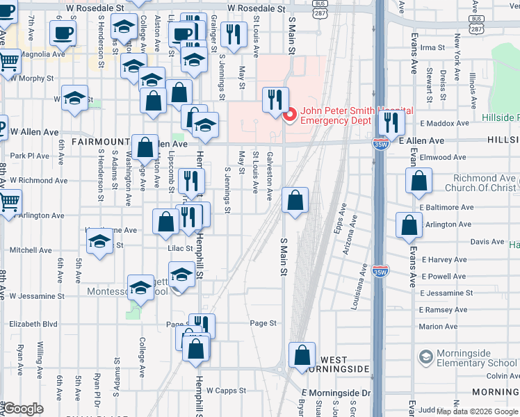 map of restaurants, bars, coffee shops, grocery stores, and more near 1925 Saint Louis Avenue in Fort Worth