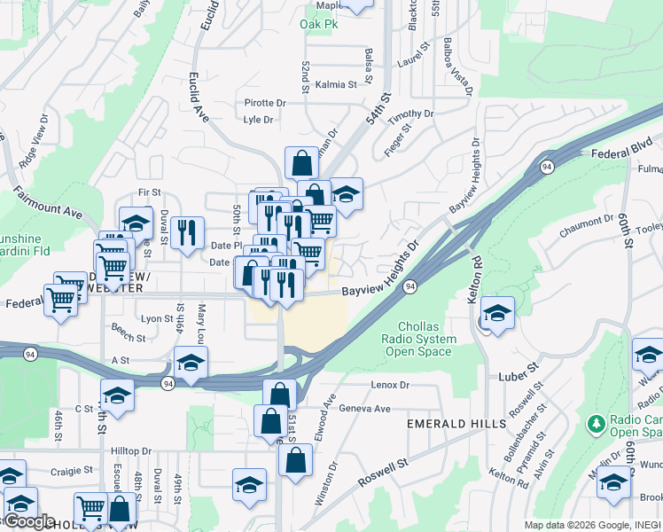 map of restaurants, bars, coffee shops, grocery stores, and more near 1625 Pentecost Way in San Diego
