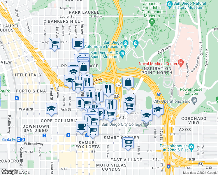 map of restaurants, bars, coffee shops, grocery stores, and more near 1640 Tenth Avenue in San Diego