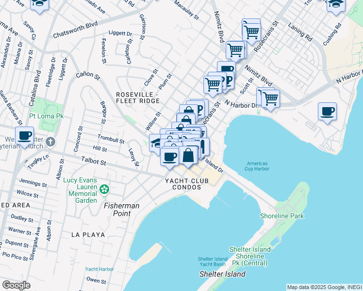 map of restaurants, bars, coffee shops, grocery stores, and more near 1220 Rosecrans Street in San Diego