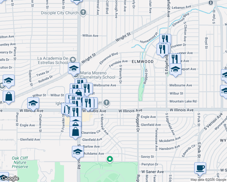 map of restaurants, bars, coffee shops, grocery stores, and more near 1919 Wilbur Street in Dallas
