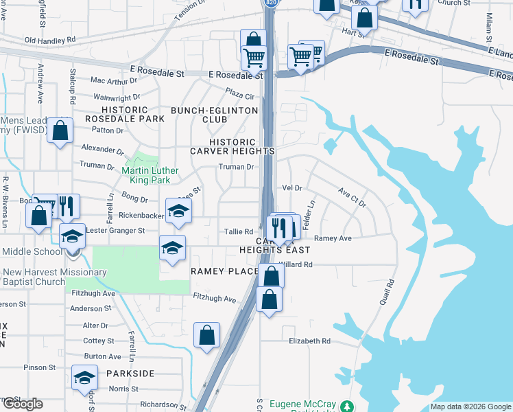 map of restaurants, bars, coffee shops, grocery stores, and more near 2312 East Loop 820 South in Fort Worth