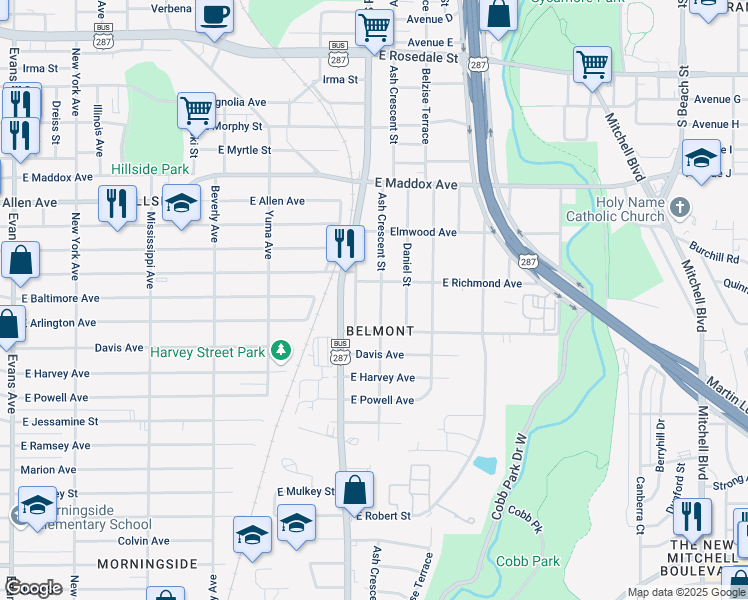 map of restaurants, bars, coffee shops, grocery stores, and more near 2017 Renner Avenue in Fort Worth