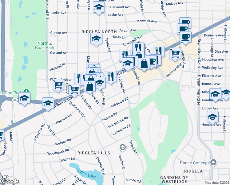 map of restaurants, bars, coffee shops, grocery stores, and more near 6466 Waverly Way in Fort Worth