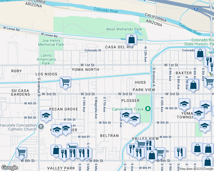 map of restaurants, bars, coffee shops, grocery stores, and more near 261 South 17th Avenue in Yuma