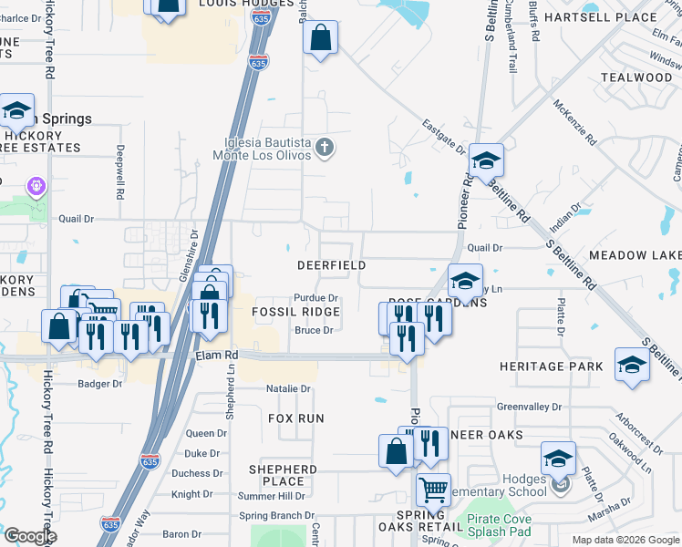 map of restaurants, bars, coffee shops, grocery stores, and more near 12817 Dove Field Ln in Balch Springs