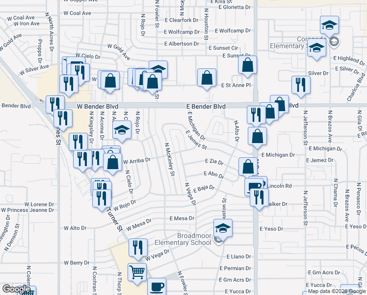 map of restaurants, bars, coffee shops, grocery stores, and more near 400 East Arriba Drive in Hobbs