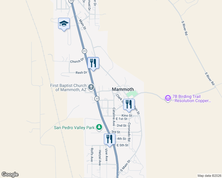 map of restaurants, bars, coffee shops, grocery stores, and more near 117 East Galiuro Street in Mammoth