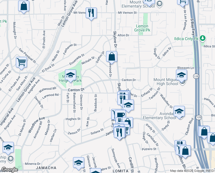 map of restaurants, bars, coffee shops, grocery stores, and more near 1648 Dupont Drive in Lemon Grove