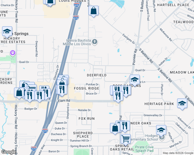 map of restaurants, bars, coffee shops, grocery stores, and more near 12817 Dove Field Lane in Balch Springs