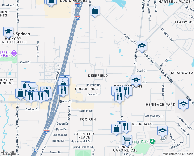 map of restaurants, bars, coffee shops, grocery stores, and more near 12817 Dove Field Lane in Balch Springs