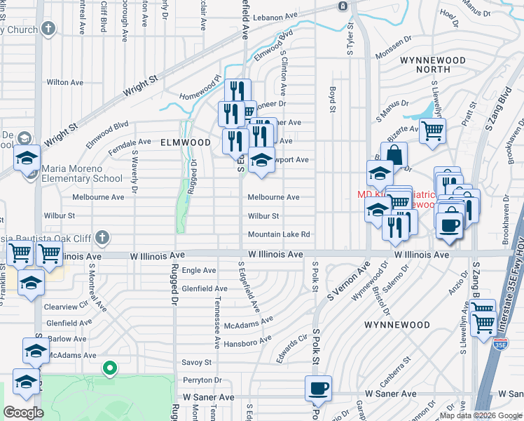 map of restaurants, bars, coffee shops, grocery stores, and more near 1223 Wilbur Street in Dallas