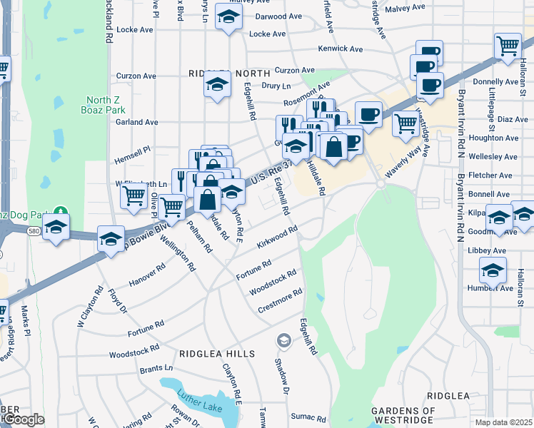 map of restaurants, bars, coffee shops, grocery stores, and more near 6466 Waverly Way in Fort Worth