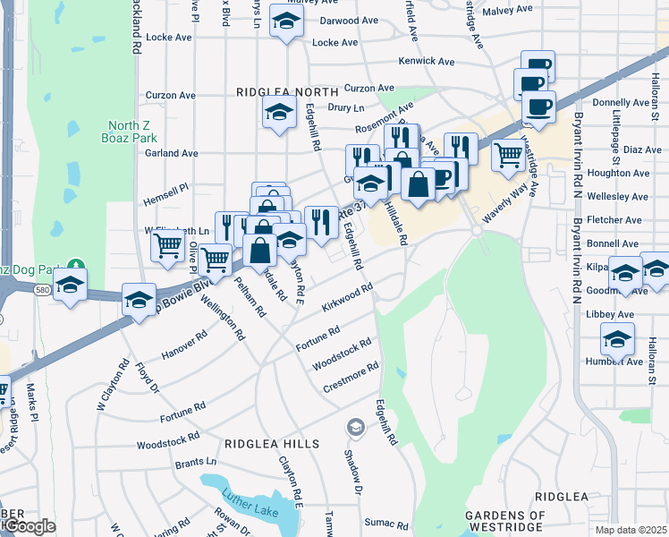 map of restaurants, bars, coffee shops, grocery stores, and more near 6466 Waverly Way in Fort Worth