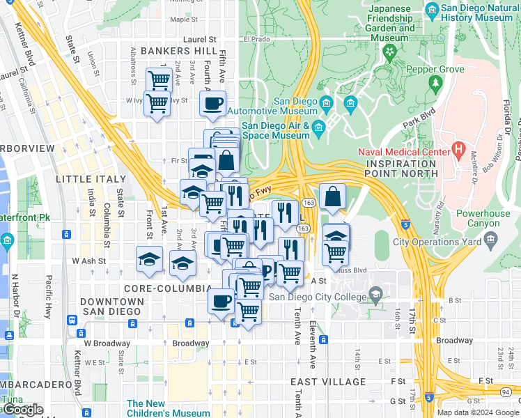 map of restaurants, bars, coffee shops, grocery stores, and more near in San Diego