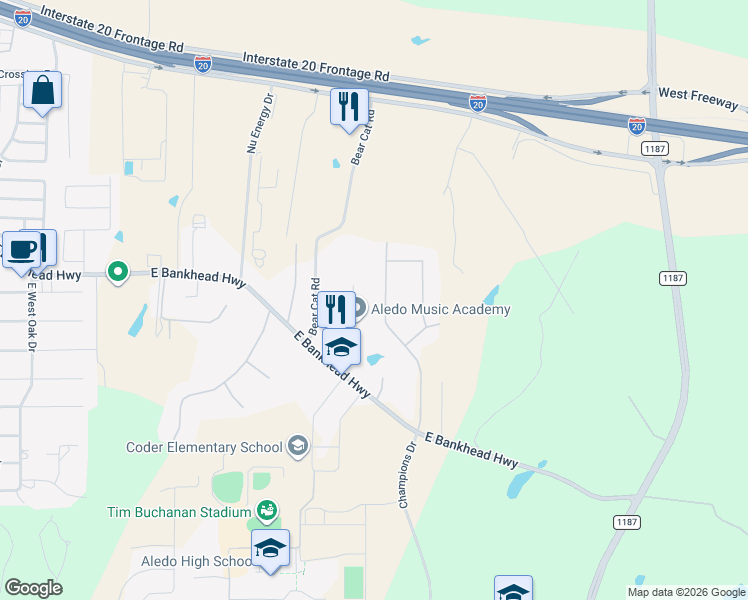 map of restaurants, bars, coffee shops, grocery stores, and more near 132 Marble Court in Aledo
