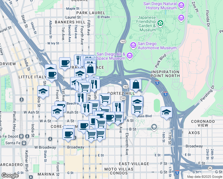 map of restaurants, bars, coffee shops, grocery stores, and more near 889 Date Street in San Diego