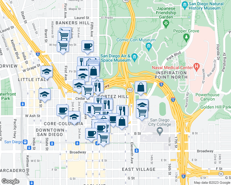 map of restaurants, bars, coffee shops, grocery stores, and more near in San Diego