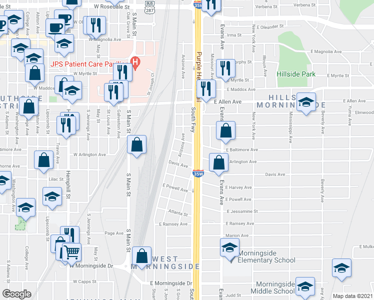 map of restaurants, bars, coffee shops, grocery stores, and more near 709 East Arlington Avenue in Fort Worth
