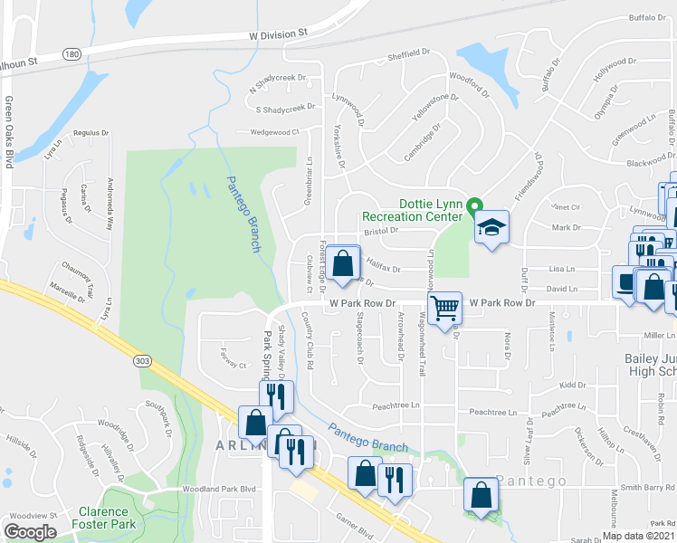 map of restaurants, bars, coffee shops, grocery stores, and more near 3608 Hastings Drive in Arlington