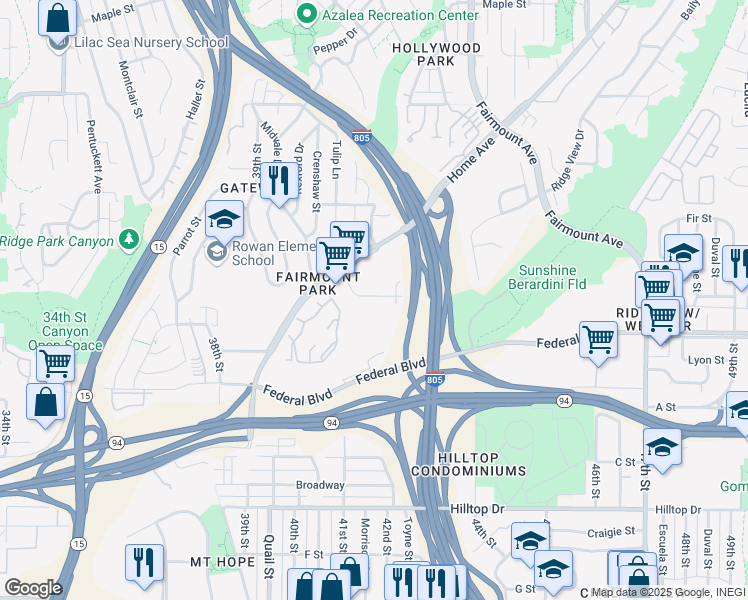 map of restaurants, bars, coffee shops, grocery stores, and more near 4155 Spillman Drive in San Diego