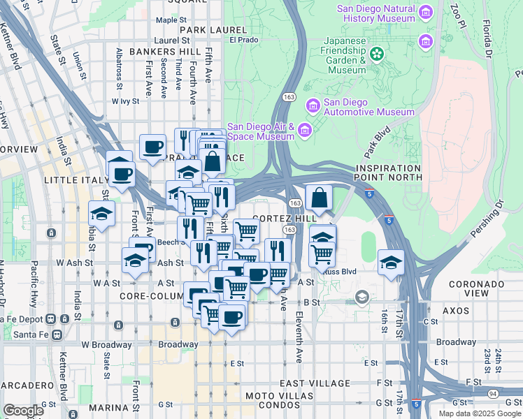 map of restaurants, bars, coffee shops, grocery stores, and more near in San Diego