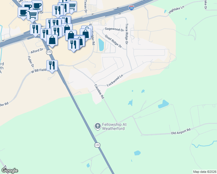 map of restaurants, bars, coffee shops, grocery stores, and more near 320 Lockwood Lane in Weatherford