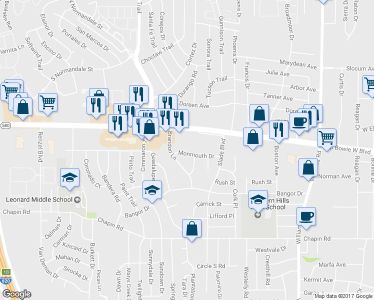 map of restaurants, bars, coffee shops, grocery stores, and more near 8408 Monmouth Drive in Fort Worth